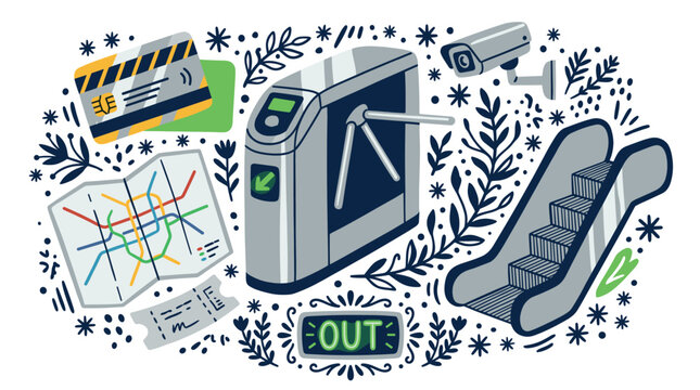 Public transport and security concept icons with metro card, ticket and escalator for infographic design in doodle style