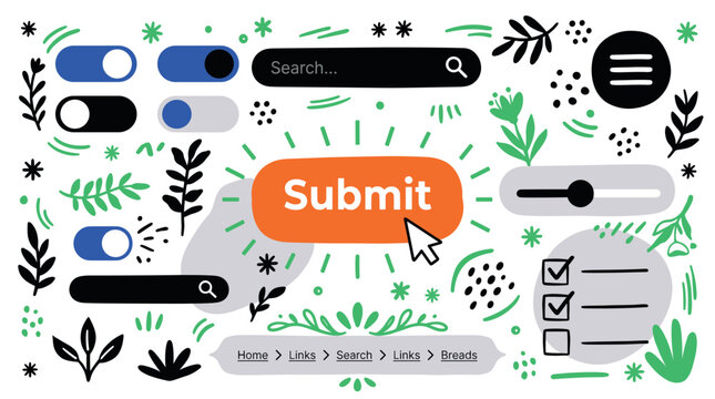User interface and interaction design icons with toggle, search bar and submit button for web design in minimal outline style