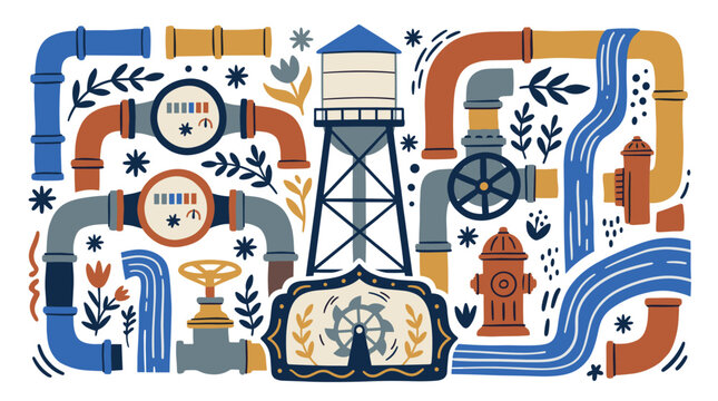 plumbing and water supply vector icons with pipes, water tower and hydrant for web design in detailed flat illustration