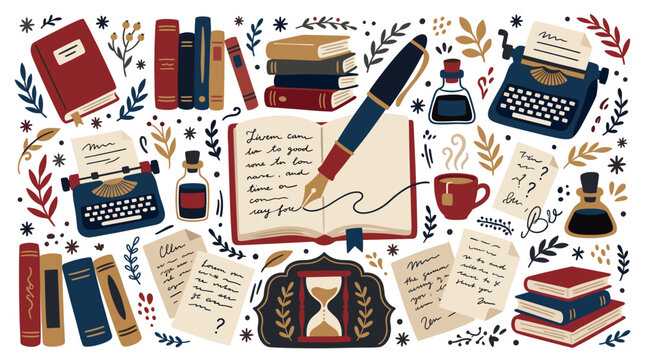 Writing and literature design icons with books, typewriters and ink for presentation design in hand drawn style