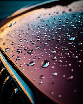 A detailed close up photograph showing countless clear water droplets shining on a reflective dark purple and orange metallic car hood surface