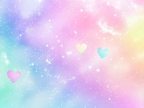 A soft magical backdrop featuring iridescent pastel colors and cosmic sparkles with delicate floating heart shapes in a whimsical fantasy style