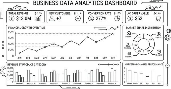Business data analytics dashboard vector illustration with charts and key performance indicators