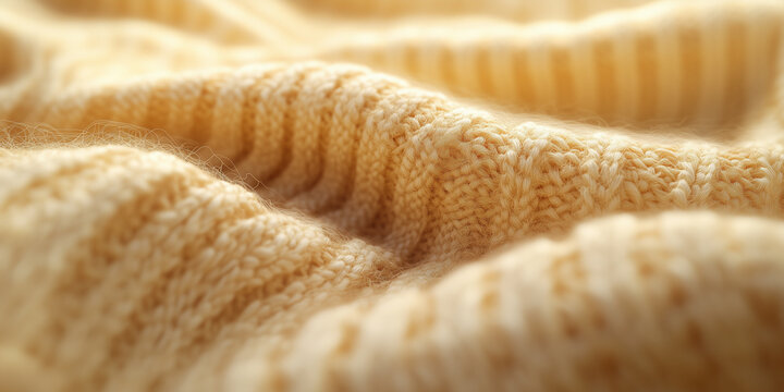 Macro shot highlighting the soft textured folds of a warm beige knitted wool fabric sweater with gentle waves and selective focus on the ribs