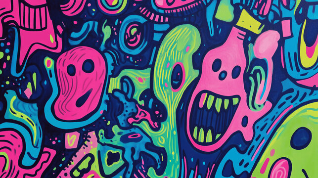 Colorful seamless graffiti style doodle art background covered with whimsical crazy monster faces ghosts and abstract psychedelic street symbols