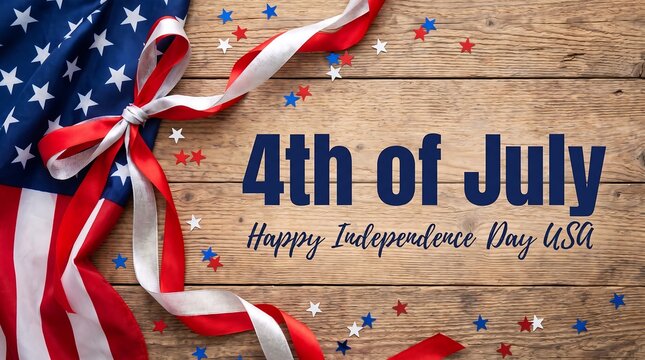 4th of July Happy Independence Day USA greeting, American flag with red and white ribbons on rustic wood background, patriotic holiday celebration