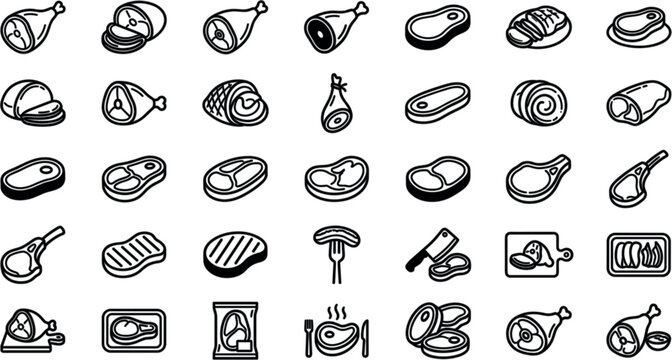 Butcher Shop Meat Products and Raw Steak Line Icon Set Featuring Ham Pork Chops Sausages Ribs and Cleavers for Barbecue Grill Menu DesignsButcher Shop Meat Products and Raw Steak Line Icon Set Featuri