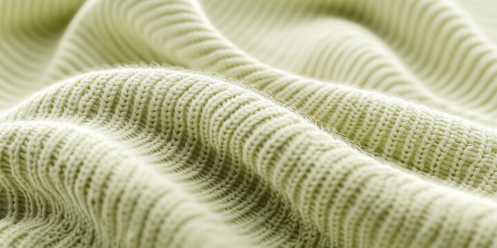 A full frame shot showcasing the parallel rows and folds of a soft light green ribbed knit textile material