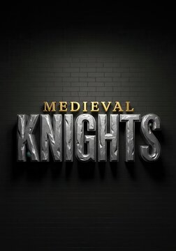 Medieval Knights 3D Metallic Text Effect on Black Brick Wall Background for Gaming and History Projects