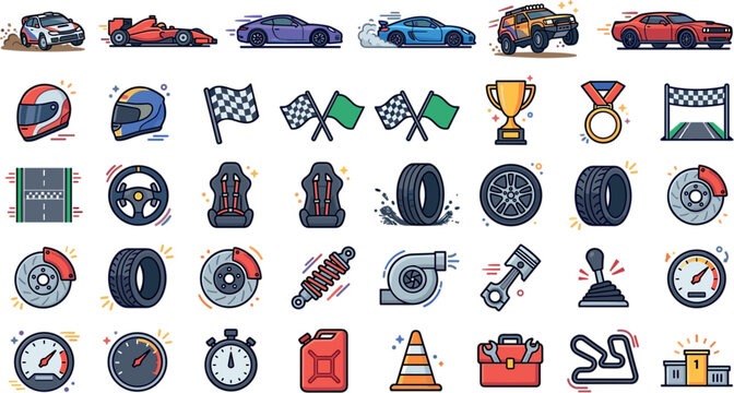Motorsport Racing and Automotive Performance Icon Set Featuring Sports Cars Helmets Checkered Flags Pistons Tires and Trophies for Car Tournament DesignsMotorsport Racing and Automotive Performance Ic