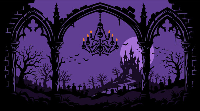 Ornate gothic archway frame featuring skull chandelier and spooky castle landscape