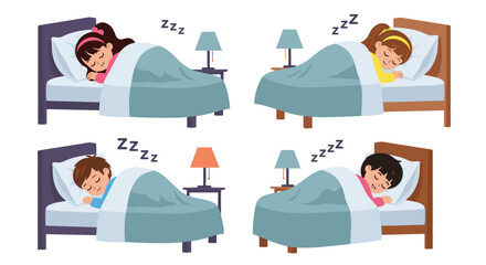Fototapeta premium Collection of four illustrations showing young boys and girls sleeping peacefully in their beds under warm blankets during the nighttime.