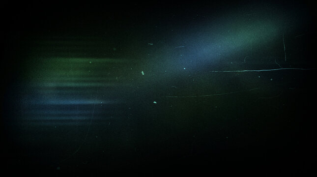 Abstract Analog Film Grunge Background with Dark Green Blue Light Leak, Aurora Glow, Horizontal Scan Lines, Film Grain and Scratch Texture Overlay 