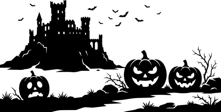 Halloween composition featuring scary castle silhouette and creepy pumpkin lanterns