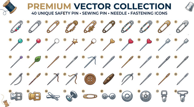  Safety Pin Sewing Needle and Fastening Hardware Icon Set Featuring Tailor Pins Buttons Buckles and Garment Accessories for Fashion Craft Studio DesignsSafety Pin Sewing Needle and Fastening Hardware 