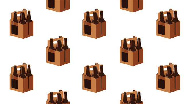 Seamless repeating pattern of cardboard six pack beer bottle carriers filled with dark glass bottles on a plain white background for design.