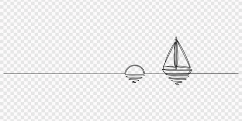 Sailing Ship Sunset One Line Art Vector – Minimal Continuous Line Drawing of Boat on Ocean Horizon, Travel and Freedom Illustration Artwork, One line art illustration of a sailboat depicting a sunset  © Line pro