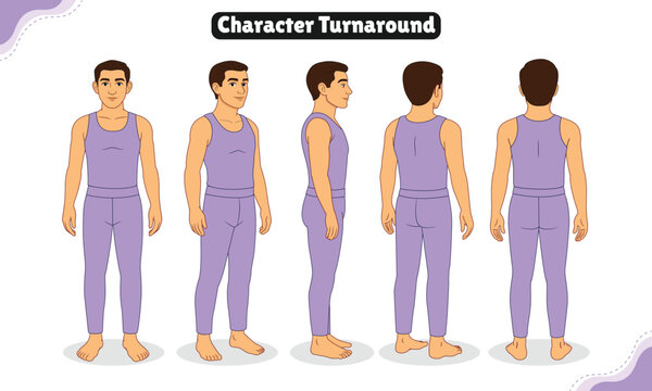 Semi Realistic Male Yoga Character Turnaround Sheet for Animation. Male Character Turnaround Sheet for 2D Animation.