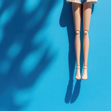 Jointed doll legs casting long shadows on light blue textured background.