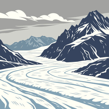 Snowy mountain landscape with a winding river mountain landscape wilderness adventure