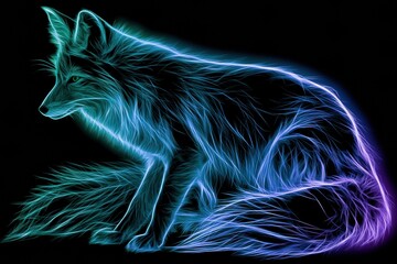 Obraz premium An arctic fox with white and ice-blue neon fur sits against a black background, surrounded by a green and violet glow.