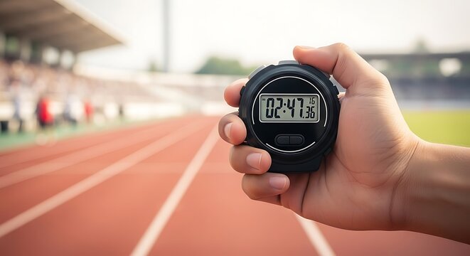 athlete training on track field with stopwatch in hand