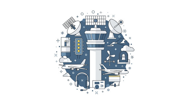 Airport and Aviation Technology Icons Flat Line Illustration with Air Traffic Control Tower and Airplanes