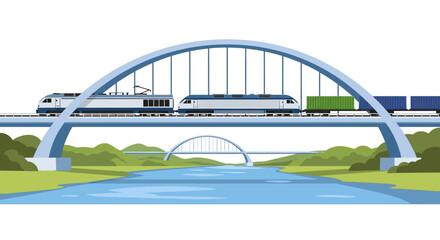 Fototapeta premium Freight Train Crossing Arch Bridge over River, Modern Logistics and Industrial Transportation Vector Illustration