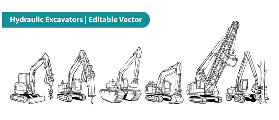 Hydraulic excavators vector icon set featuring heavy construction machinery designs like crawler diggers, hydraulic hammers, auger drills, amphibious excavators, dragline cranes, plus tree harvesters. © Dinali