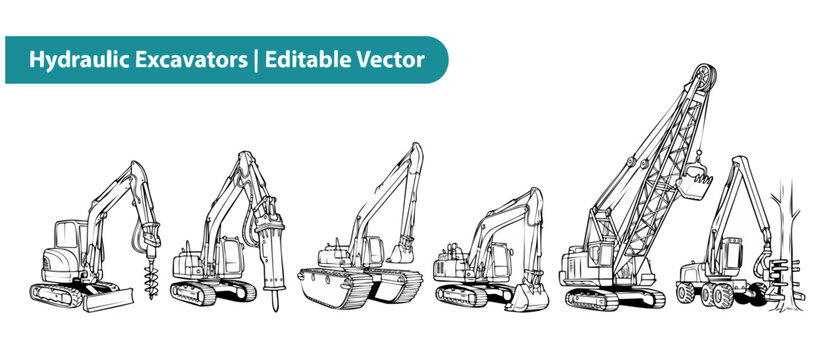 Hydraulic excavators vector icon set featuring heavy construction machinery designs like crawler diggers, hydraulic hammers, auger drills, amphibious excavators, dragline cranes, plus tree harvesters.