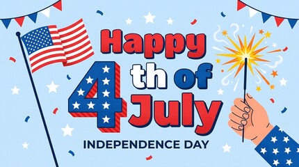 Obraz premium Happy 4th of July Independence Day banner, American flag and sparkler illustration, patriotic red white and blue holiday greeting card