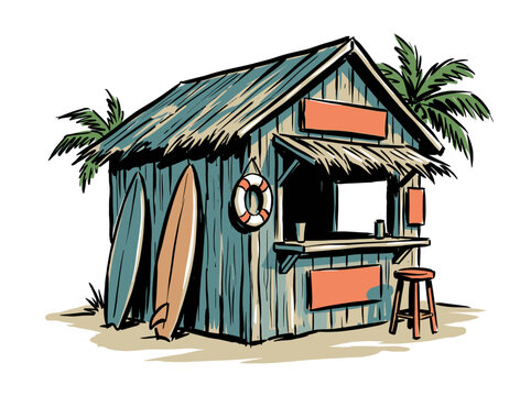 Vintage surf shack illustration. Tropical beach bar with surfboards and palm trees. Summer vacation concept. Coastal hut sketch.