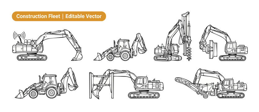 Construction vehicle vector outline icons set showing heavy machinery for building site work, including backhoe, excavator, drill rig, bulldozer line art isolated on white background for your project.