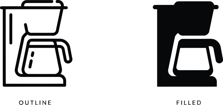 Coffee maker machine icons, drip brewer outline and filled vector graphics