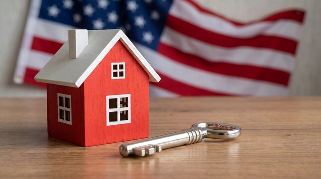 American real estate concept with red house model and silver key, US flag background, mortgage and home ownership in USA