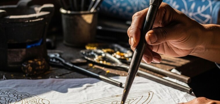 Artisan Hand Painting Batik Fabric With Wax Canting Tool In Traditional Textile Workshop