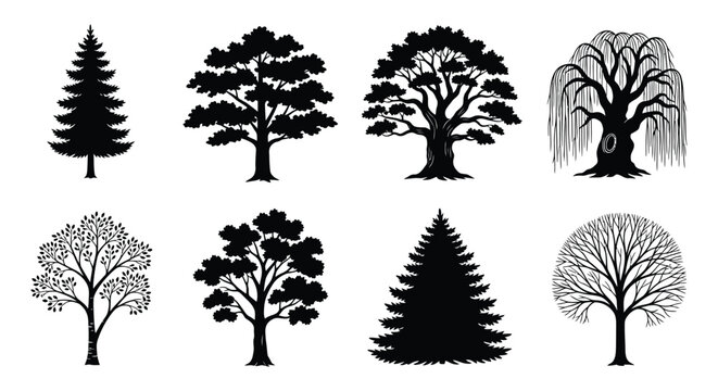 Tree silhouettes collection black vector illustration on white background