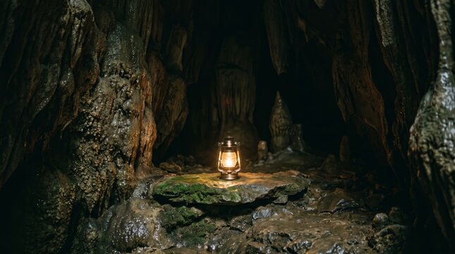 lit lantern on rock in dark cave with stalactites and stalagmites
