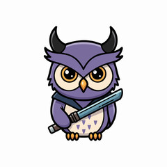 Fototapeta premium Purple horned owl samurai mascot centered full body shot holding a katana sword, cartoon vector illustration with flat studio lighting isolated on plain white background.