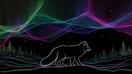 Naklejka premium An arctic fox walks in a dark setting as vibrant aurora borealis colors light up the sky, creating a striking visual of nature and wildlife.