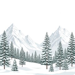 Fototapeta premium Snowy forest with tall evergreen trees and mountains