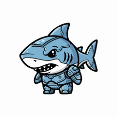 Fototapeta premium Armored robotic shark mascot full body view standing for gaming character design in chibi cartoon illustration with flat lighting isolated on white background