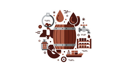 Naklejka premium Oil and Energy Industry Concept Illustration Featuring Petroleum Barrel, Global Logistics, and Fuel Production Icons