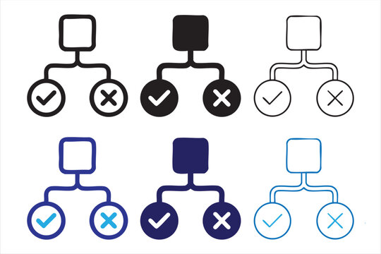 Decision tree flowchart icon set with check and cross marks in multiple color and design styles.