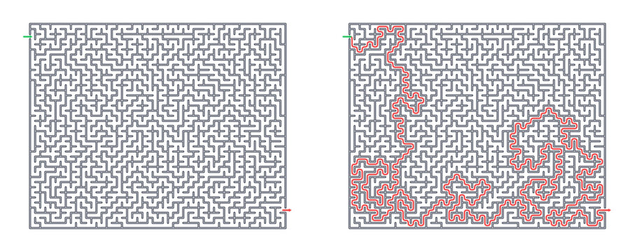 Rectangular maze for adults, medium difficulty printable logic game, find the way from start to exit, black and white, activity worksheet page with solution
