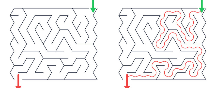 Hexagonal maze for kids, medium difficulty printable logic game, find the way from start to exit, line art, activity worksheet page with solution