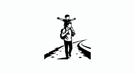 Fototapeta premium Father carrying son on shoulders walking road.