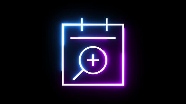 Neon glowing calendar icon with zoom effect in continuous loop motion video clip.