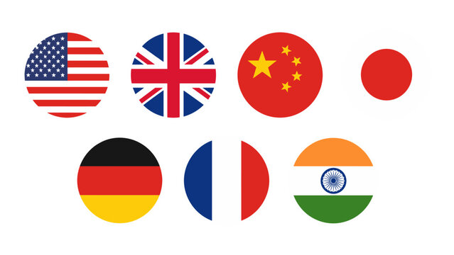 Round world flag icons set with six national symbols