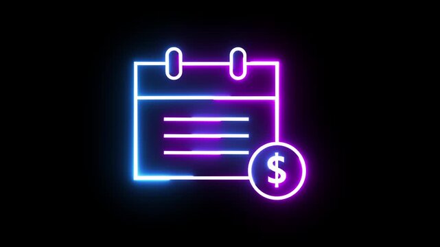 Neon glowing calendar with dollar sign symbol animation for financial payment dates.